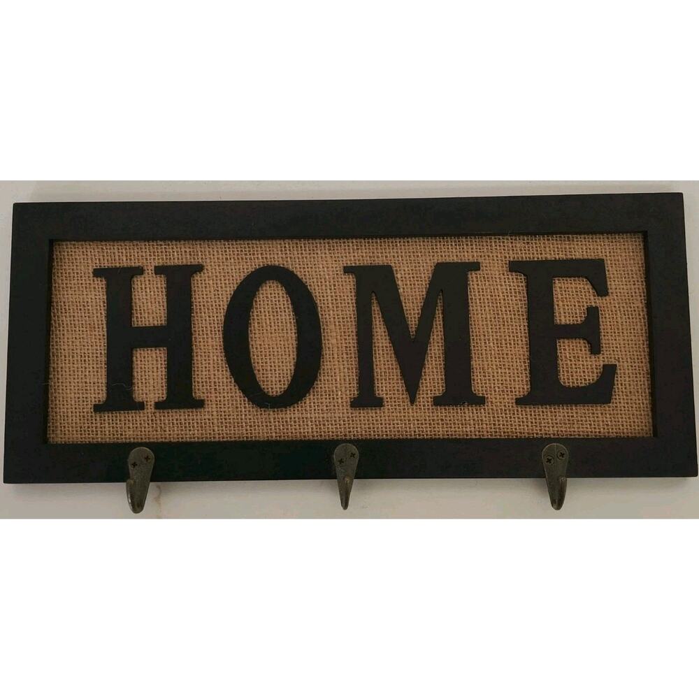 Home Sign w/Hooks Wood Burlap Keys Rustic Farmhouse Country Boho Western Garage